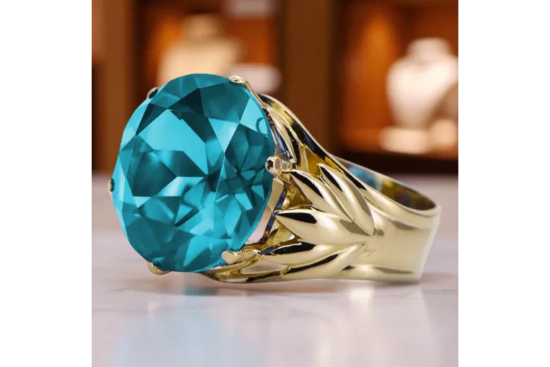 Aquamarine 8K geltonas auksas Žiedas Vintažiniai amatai vrc029x-aq Art Deco SSRS sovietinis rusiškas stilius